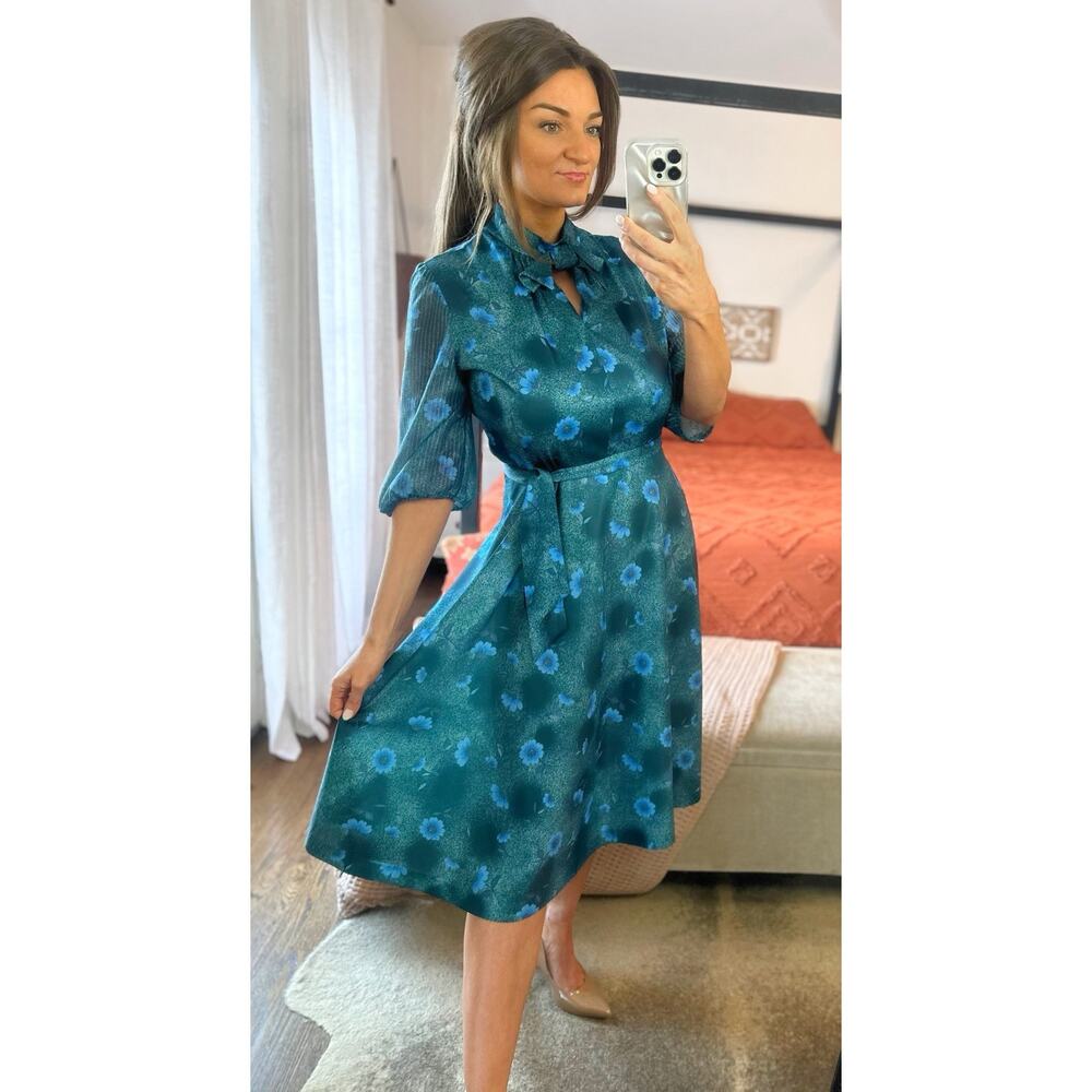 Teal Floral Midi Dress with Tie Neck